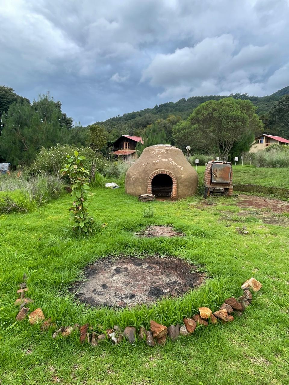 Hot volcanic stones inside a traditional temazcal with herbal steam rising.